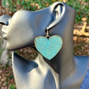 Boho heart shaped earrings, brass with green patina, etched on both sides